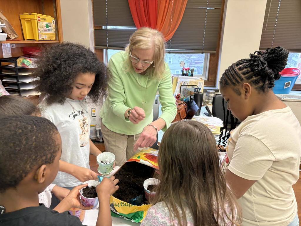 Students putting dirt in their containers to plant seeds. 
