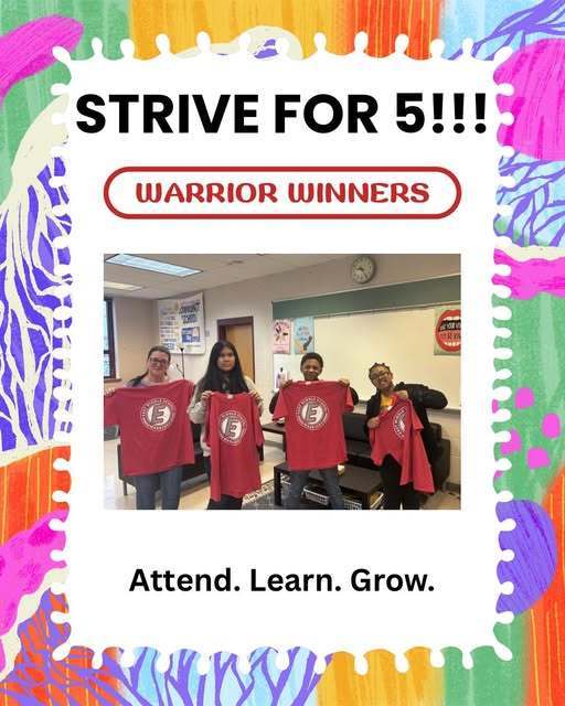 The winners of Strive for 5 holding matching red shirts with the East Middle School logo on them. 