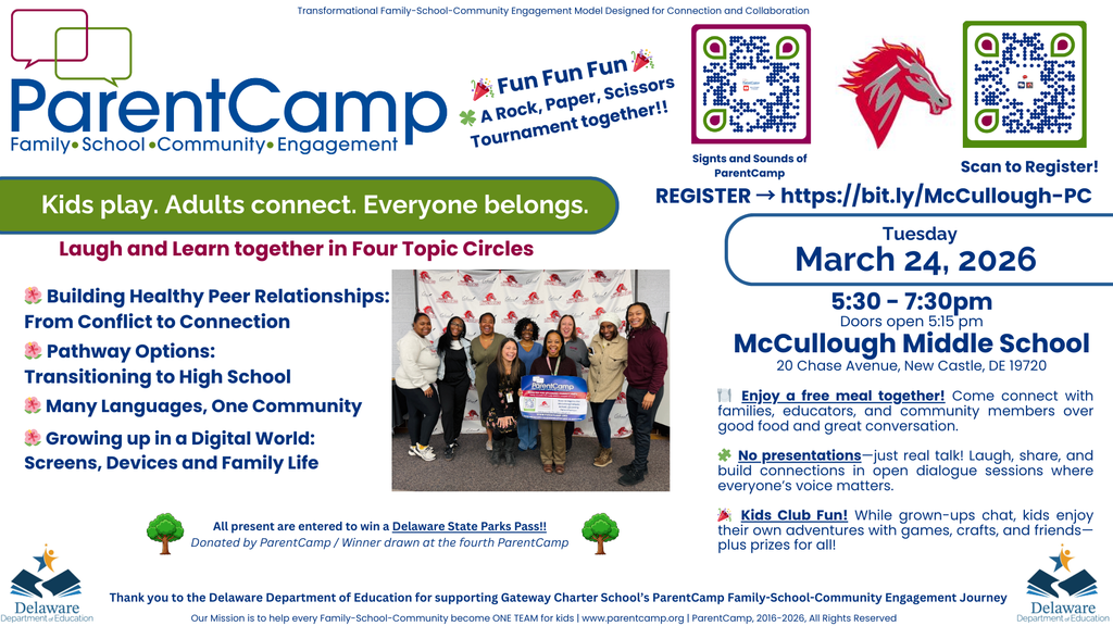 A flyer shows a group of people in a room with a ParentCamp sign. Text reads "March 24, 2026" and "8:30-7:30pm" with a school logo.