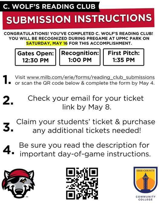 Students who ready 6 to 7 books can enter by scanning the QR Code or going to the website to complete the form by May 4, to get a free ticket and be recognized at the May 16 Erie SeaWolves game. 