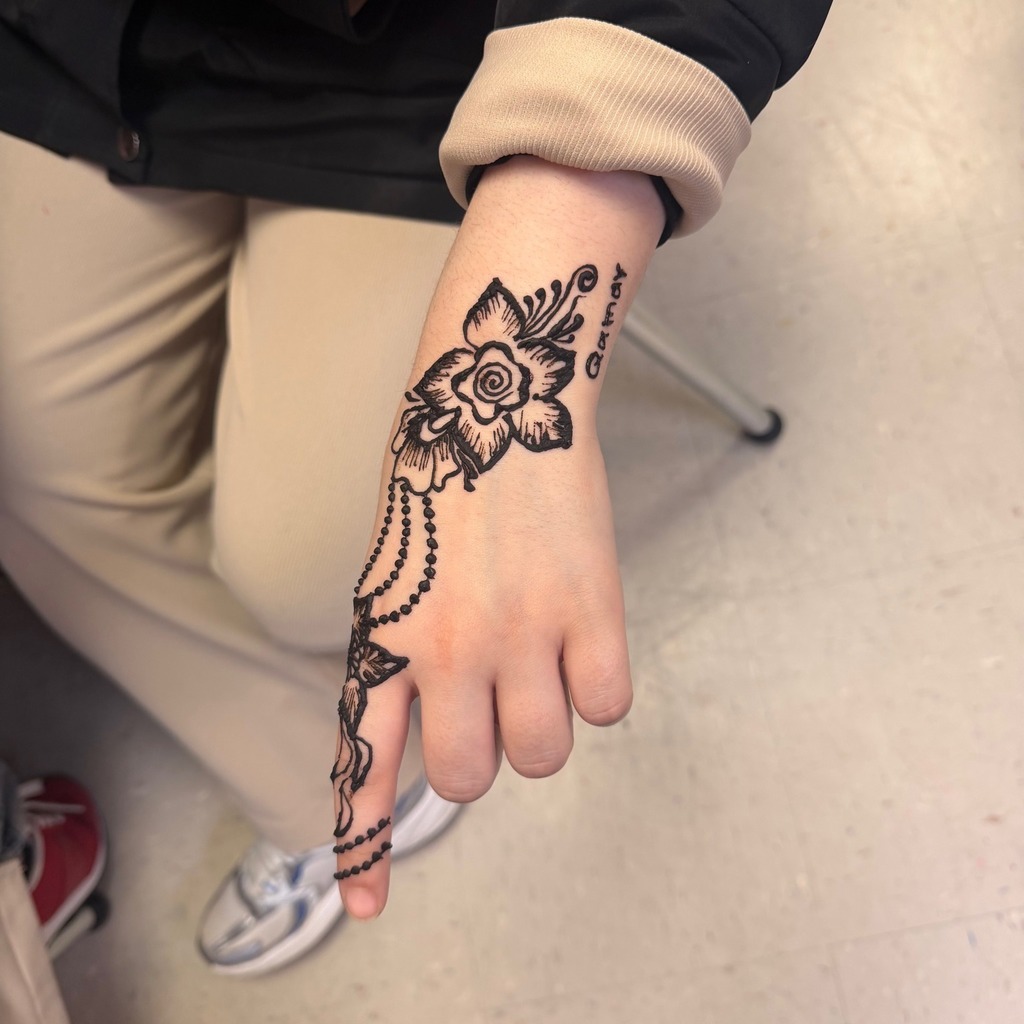 A hand with a henna tattoo on it. 