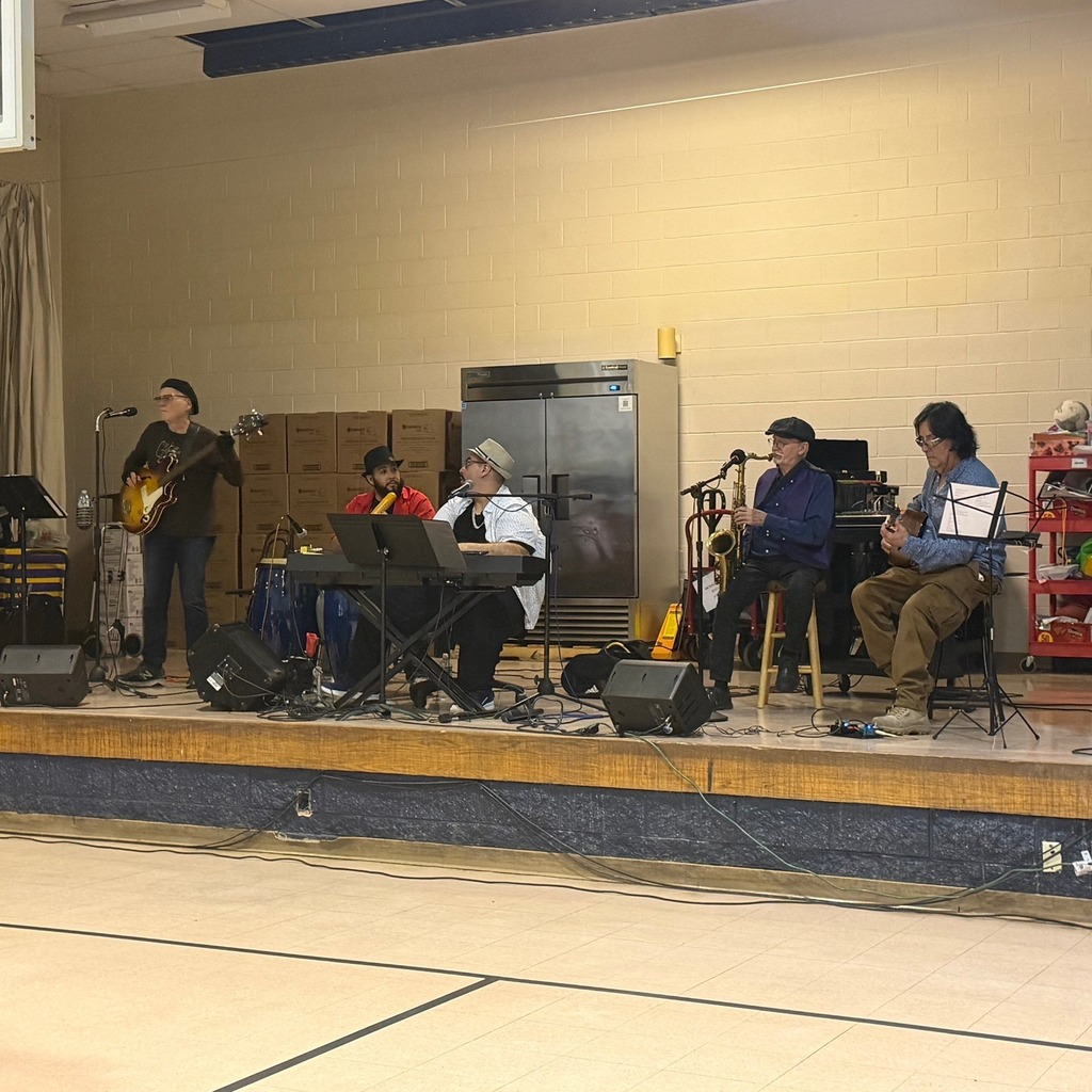 A band on stage playing instruments. 