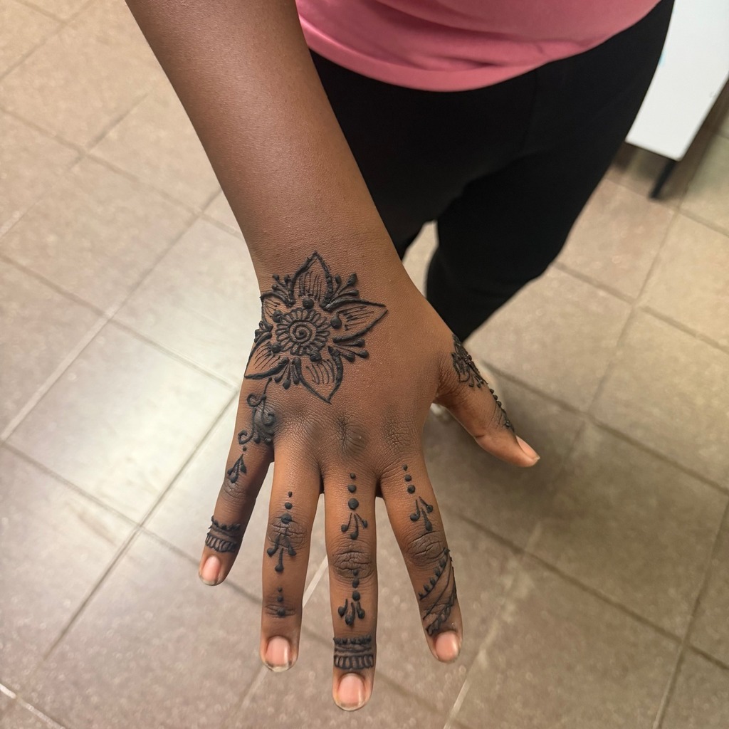 A hand with a henna tattoo on it. 