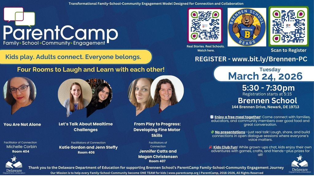 A poster with a blue background advertises a ParentCamp event on March 24, 2026, featuring four rooms for activities.