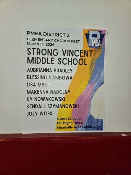 A flyer for P.M.E.A District 2 Elementary Chorus Fest on March 13 for Strong Vincent Middle School and then the names of the students. 