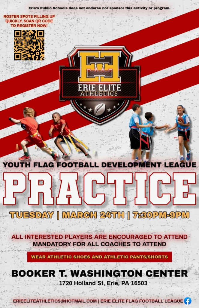 Youth Flag Football Development League Practice on March 24th at the Booker T. Washington Center.