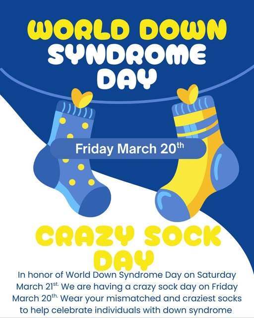 East Middle School is honoring World Down Syndrome Day on March 21st by having crazy sock day on March 20th.