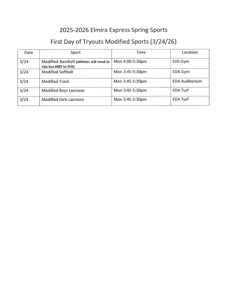 Modified Spring Sports 25-26 First Day Tryout Schedule