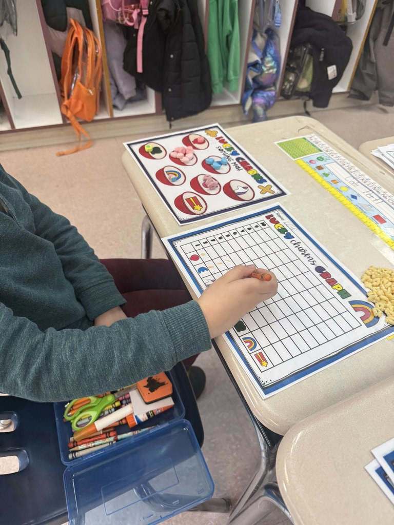 A student doing a counting activity by counting the number of different lucky charms they have. 