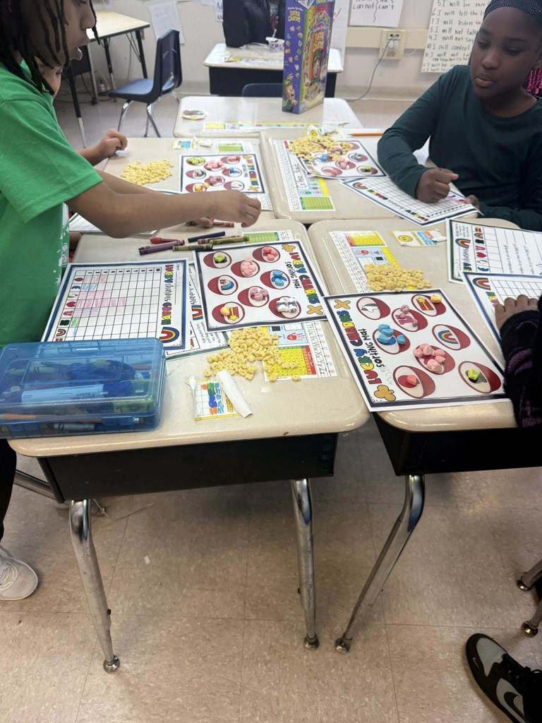 Students doing a counting activity by counting the number of different lucky charms they have. 