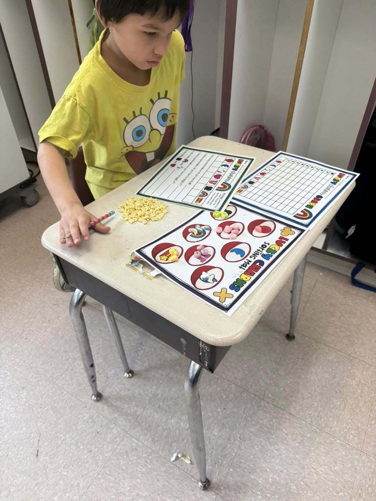 A student doing a counting activity by counting the number of different lucky charms they have. 