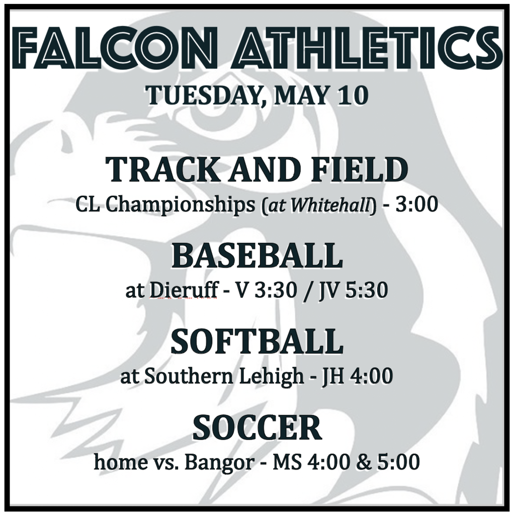 TRACK AND FIELD: CL Championships (at Whitehall) - 3:00. BASEBALL: at Dieruff - V 3:30 / JV 5:30. SOFTBALL: at Southern Lehigh - JH 4:00. SOCCER: home vs. Bangor - MS 4:00 & 5:00.
