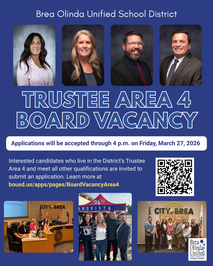 Blue background flyer with various photos of current BOUSD Board Members. Text on image: BOUSD Trustee Area 4 Board Vacancy. Applications will be accepted through 4 p.m. on Friday, March 27, 2026