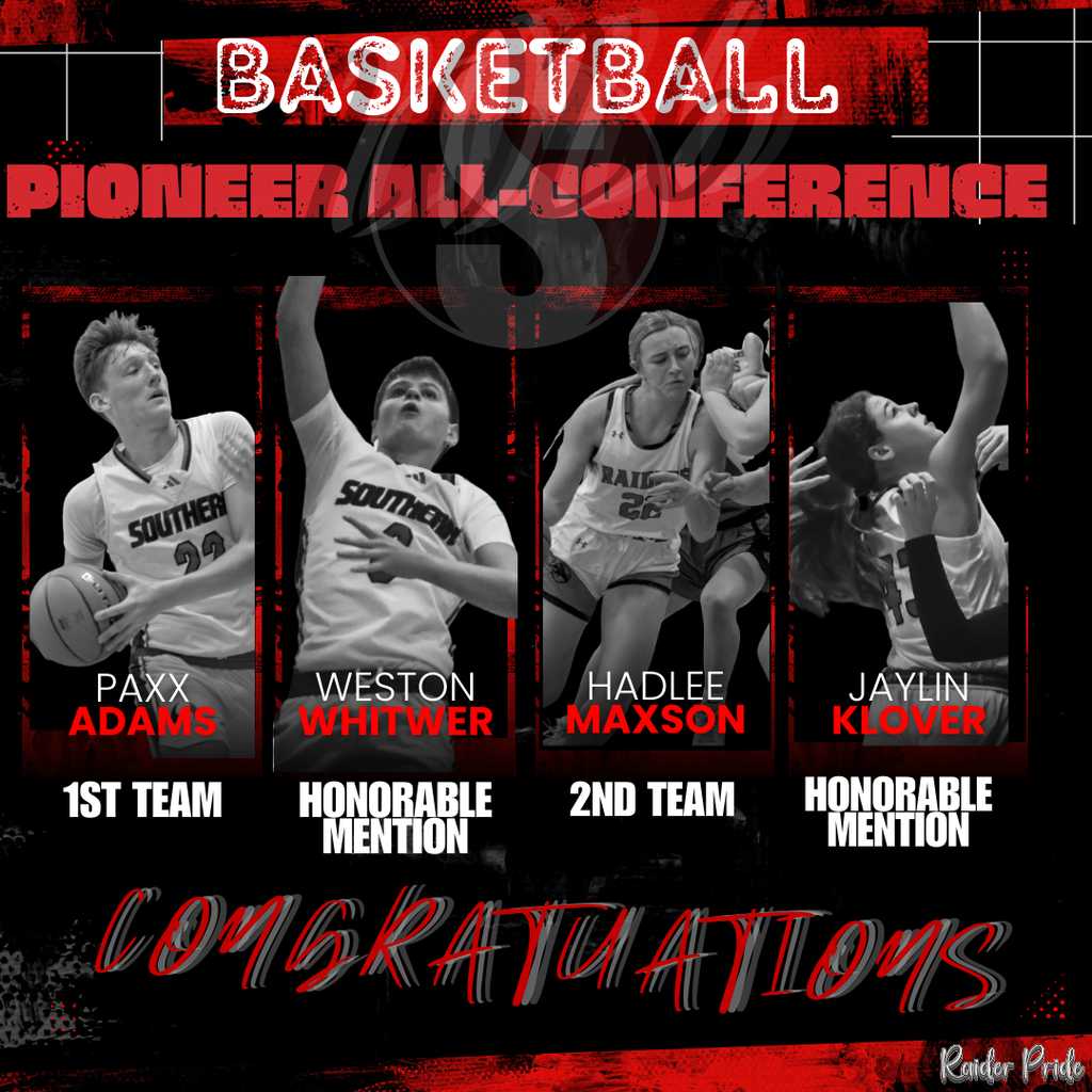 A bold red and black graphic celebrating Southern basketball Pioneer All-Conference selections. The top reads “Basketball Pioneer All-Conference.” Four black-and-white action photos of players are featured side-by-side: Paxx Adams (1st Team), Weston Whitwer (Honorable Mention), Hadlee Maxson (2nd Team), and Jaylin Klover (Honorable Mention). The word “Congratulations” is displayed prominently at the bottom with Raider Pride branding.