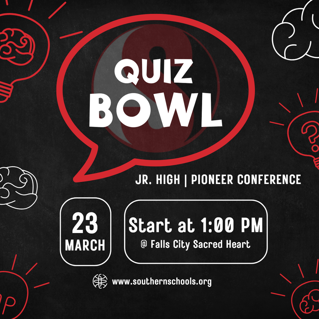 Graphic promoting a Junior High Quiz Bowl event. The design features a red speech bubble with the words “Quiz Bowl” in bold text over a dark background with brain and question mark icons. Event details include: March 23, starting at 1:00 PM at Falls City Sacred Heart, and labeled as a Pioneer Conference event. Southern Public Schools website is listed at the bottom.