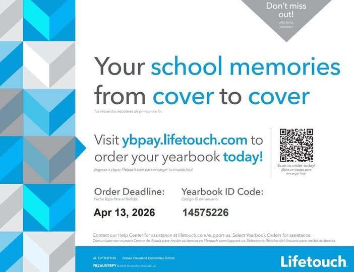 Order your school yearbook by April 13, 2026 using the ID Code (14575226).
