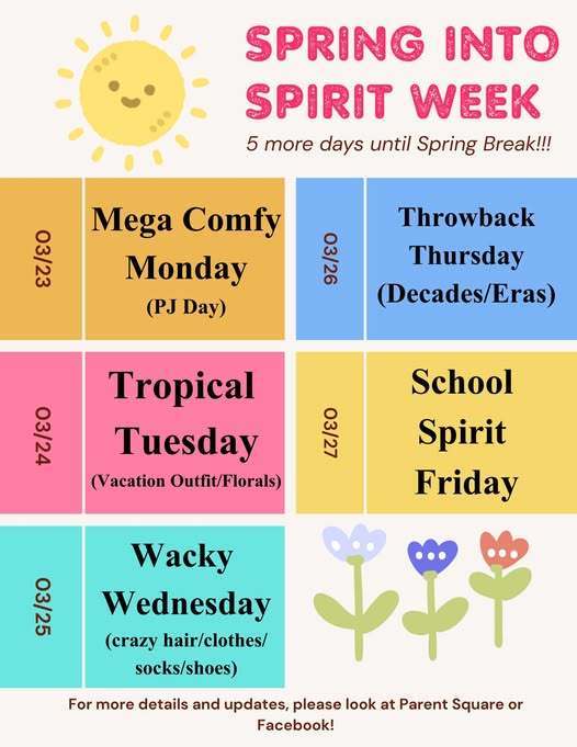 There is 5 days until Spring break so East is having a spirit week. Monday is Pejama Day, Tuesday is vacation outfit, florals, Wednesday is crazy hair/clothes/socks/ and shoes day, Thursday is Decades/Eras, and Friday is School Spirit day. 