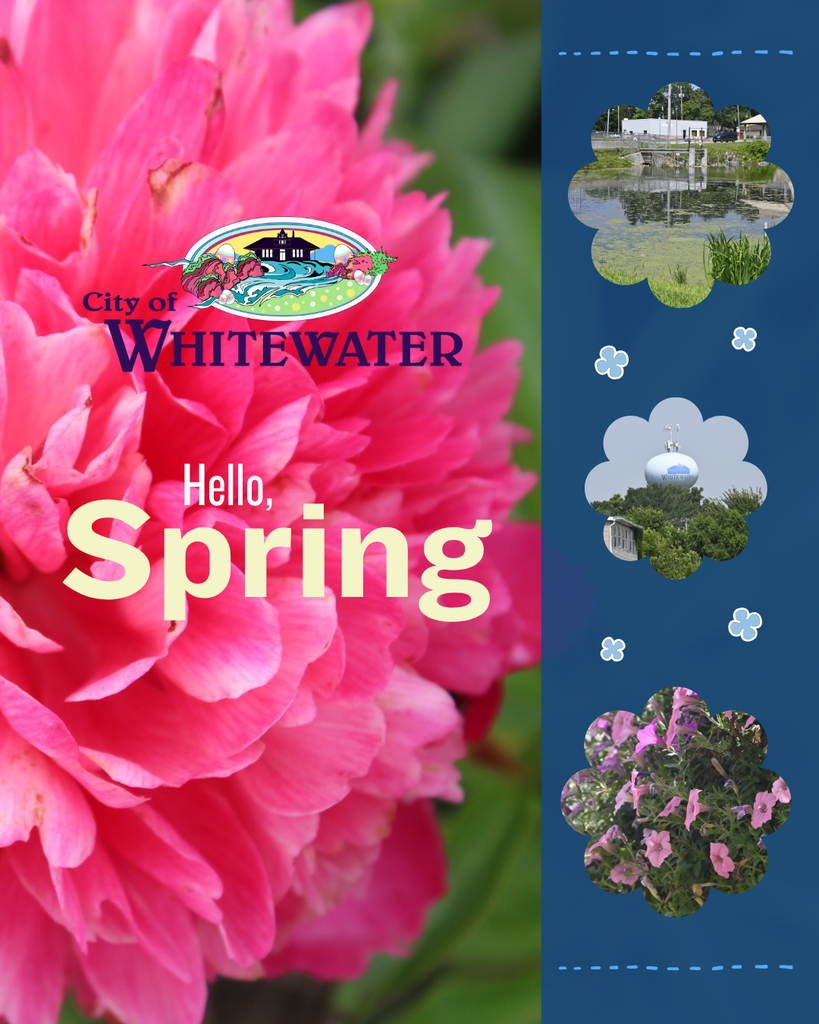 Hello, Spring post with a large pink flower, a photo of a lake in Whitewater, the water tower in Whitewater, and some budding pink flowers in a hanging stand.