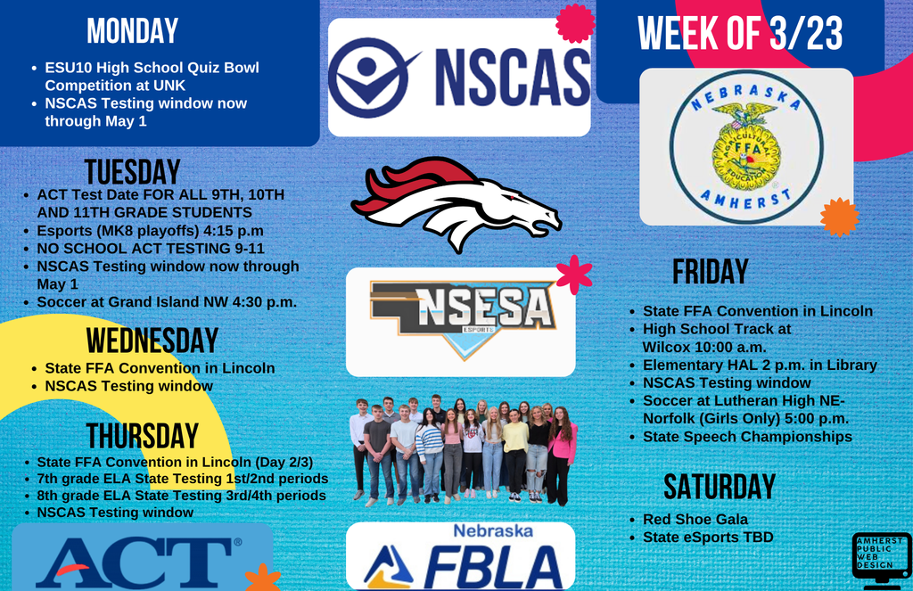 Weekly school calendar poster showing daily activities from Monday to Saturday, including classes, sports events, and meetings, with highlighted student achievements and a casual photo of FBLA members. 
