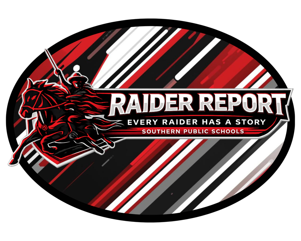 A bold Raider Report graphic featuring a charging raider on horseback in red, black, and white. The title “RAIDER REPORT” is centered across the design, with the tagline “Every Raider Has a Story” and “Southern Public Schools” underneath. The background includes dynamic diagonal stripes in red, black, white, and gray, giving a fast-paced, broadcast-style look.