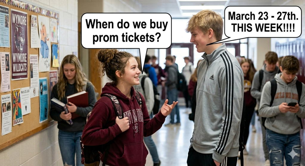 Gemini said Here is the ALT text for the image:  A high school hallway scene featuring two teenagers in the foreground having a conversation. A girl on the left, wearing a maroon hoodie and a backpack, has a large white speech bubble above her asking, "When do we buy prom tickets?" A boy on the right, wearing a grey Adidas zip-up jacket, has a speech bubble replying, "March 23 - 27th. THIS WEEK!!!!" In the background, other students walk through the blurred hallway, and a bulletin board on the left.