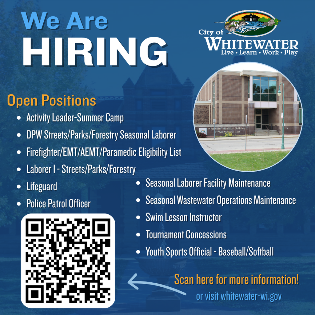 "We're Hiring" post with these jobs listed: Activity Leader-Summer Camp, DPW Streets/Parks/Forestry Seasonal Laborer, Firefighter/EMT/AEMT/Paramedic Eligibility List, Laborer I - Streets/Parks/Forestry, Lifeguard, Police Patrol Officer, Seasonal Laborer Facility Maintenance, Seasonal Wastewater Operations Maintenance, Swim Lesson Instructor, Tournament Concessions, and Youth Sports Official - Baseball/Softball.