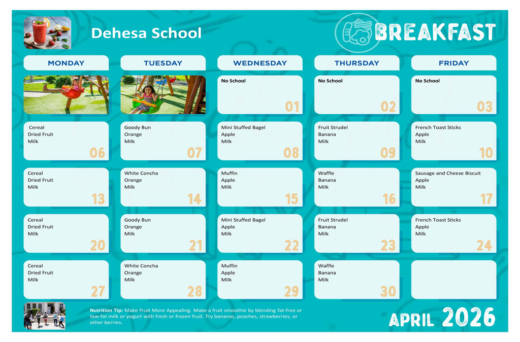 Breakfast menu for April.