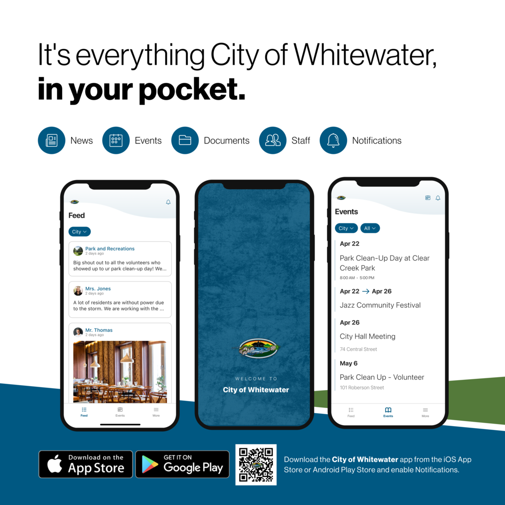"It's Everything City of White, in your pocket." It shows three phone screens with sample feeds from the app version of the city of whitewater's new webpage.