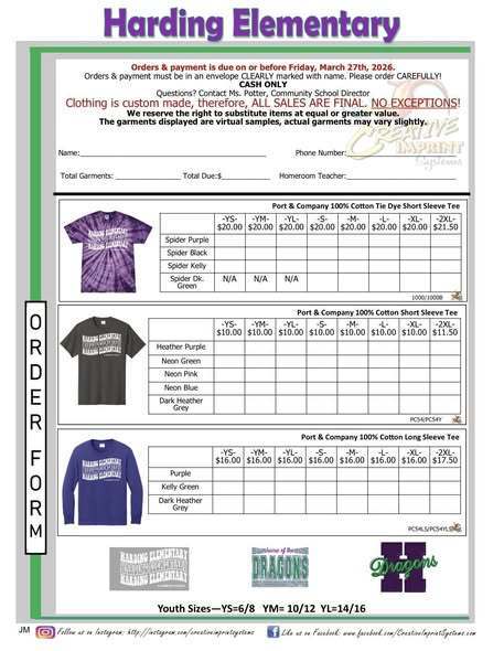 Harding Elementary School Order form. 