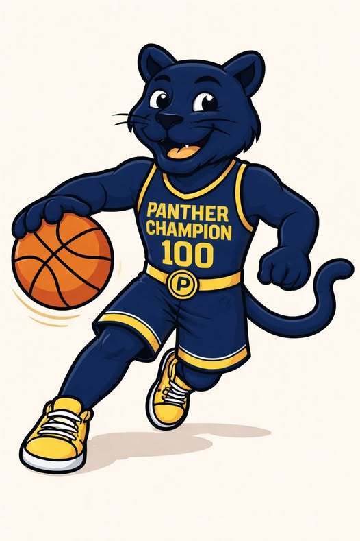 The Pfeiffer Burleigh Panther is playing basketball while he wears a Panther Champion 100 jersey. 