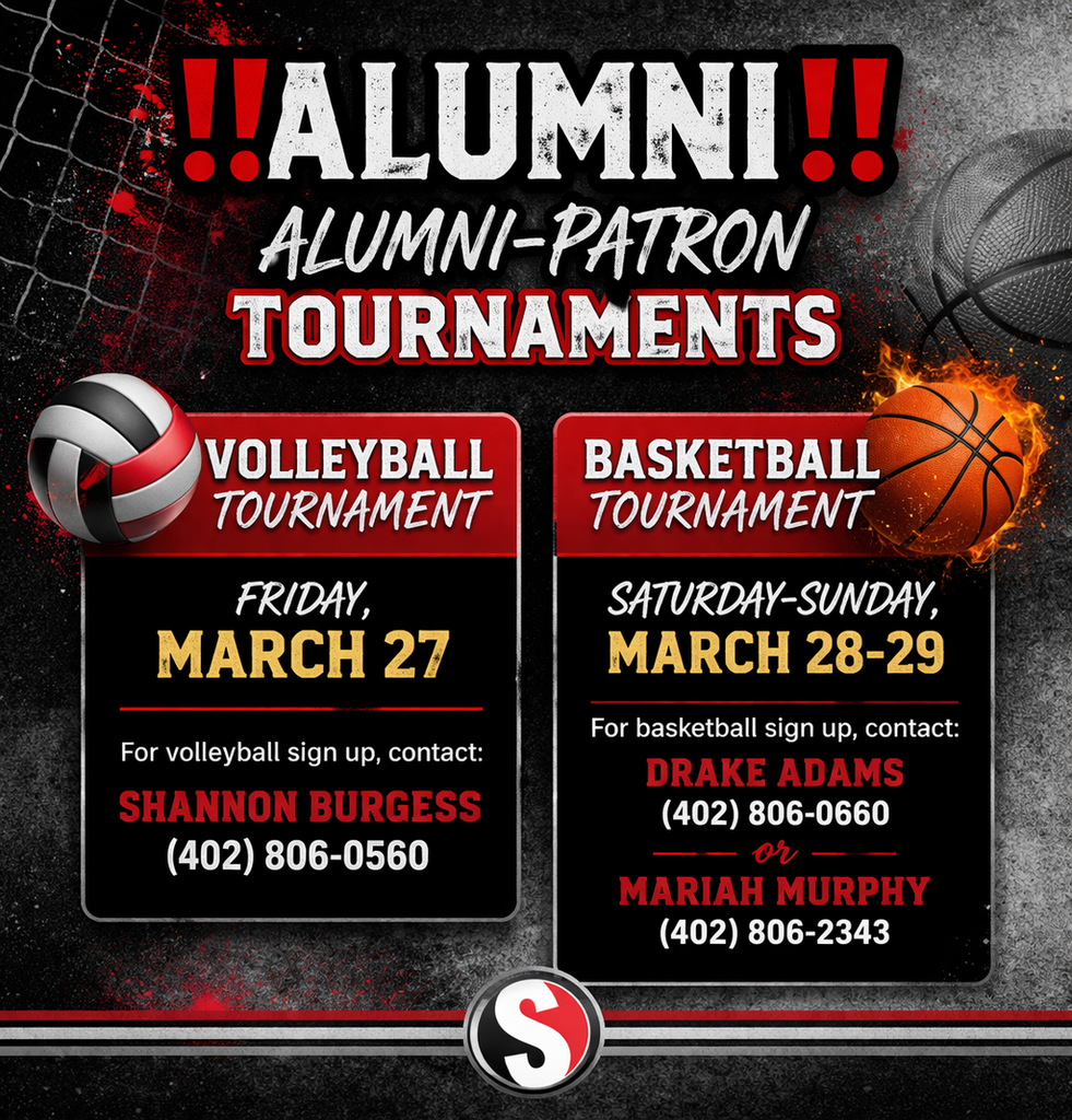 Graphic promoting a Southern alumni-patron tournament in red, black, and white school colors with a bold “‼️ALUMNI‼️” headline. The design features a volleyball and basketball with a gritty sports-style background and the Southern “S” logo. Text announces a volleyball tournament on Friday, March 27, and a basketball tournament on Saturday, March 28 through Sunday, March 29, along with contact information for sign-ups.