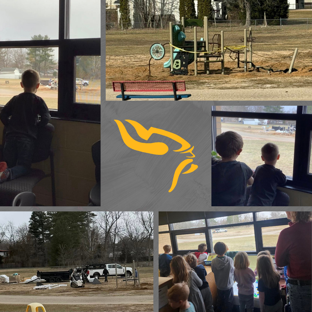 Photo collage of students watching as new playground equipment is installed.