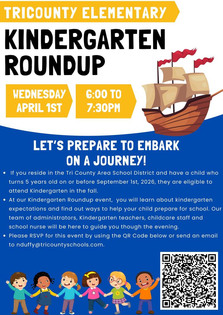 Flyer for a Kindergarten Roundup event for parents. April 1st 6:00pm to 7:30pm