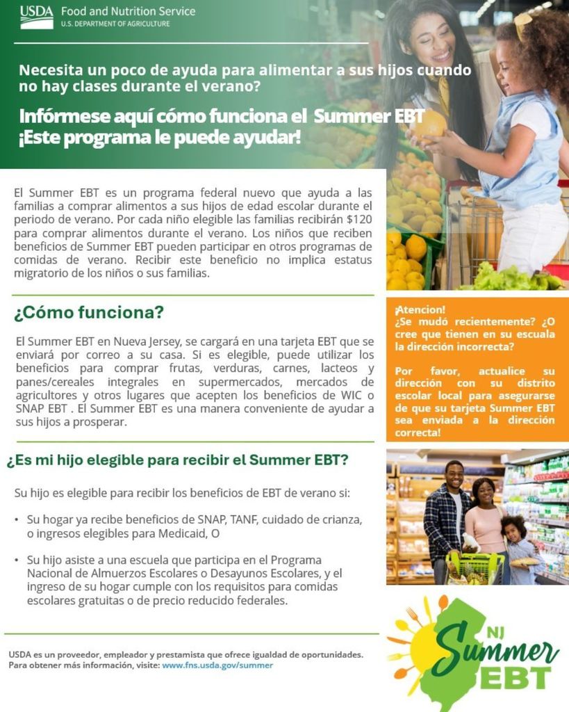 "USDA Food and Nutrition Service flyer promotes Summer EBT program. Includes family shopping for produce, green and orange text on eligibility and benefits, and Summer EBT logo."