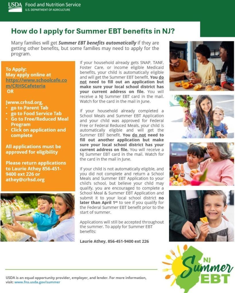 USDA flyer on Summer EBT benefits in NJ. Includes application info, eligibility details, and contact. Images show happy families and children eating.