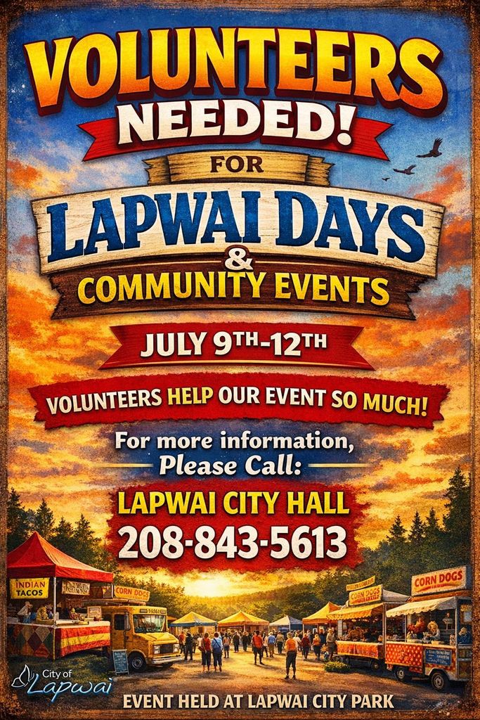 Volunteers needed for Lapwai Days & Community Events! July 9th-12th Volunteer s help our event so much! For more information, please call: Lapwai City Hall at 208-843-5613. Event held at Lapwai City Park