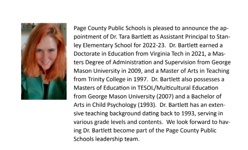 Announcement of AP for Stanley Elementary School Dr. Tara Bartlett