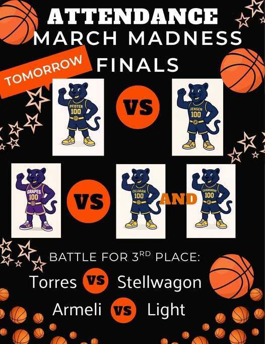 The Attendance March Madness Finals are tomorrow and it's the battle for 3rd place between Torres versus Stellwagon and Armeli versus Light. 