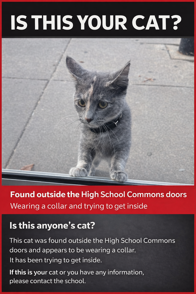 A small gray cat with light tan markings on its face and a black collar stands outside a glass door, resting its front paws on the door as if trying to get inside. The image includes text asking “Is this your cat?” and states the cat was found outside the High School Commons doors, wearing a collar and trying to get inside, with a request to contact the school if it belongs to someone.