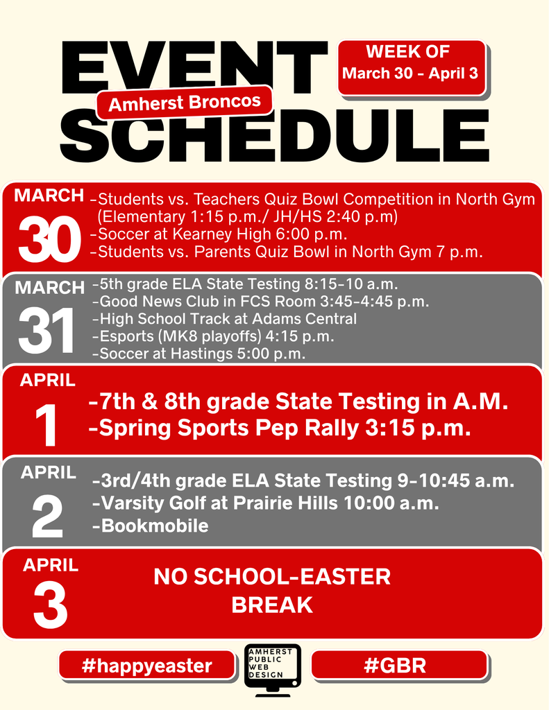 Weekly school calendar poster showing daily activities from Monday to Friday