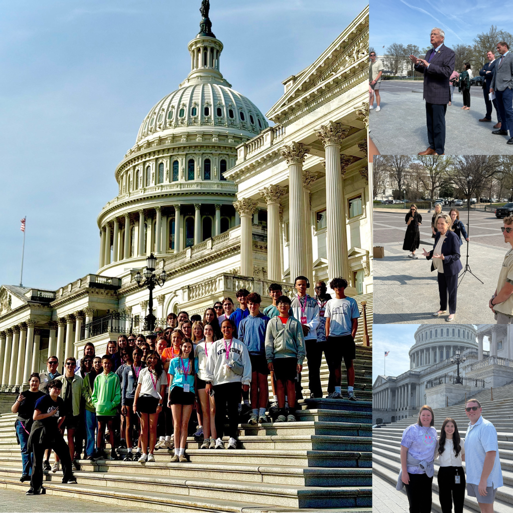 Photo collage: (Left) 7th grade BVMS students stand on the U.S. Capitol steps in Washington, D.C.  (Right) Senators Wicker and Smith speak to students. Bottom Right: Instructors pose with Gulfport Graduate working as a staffer.
