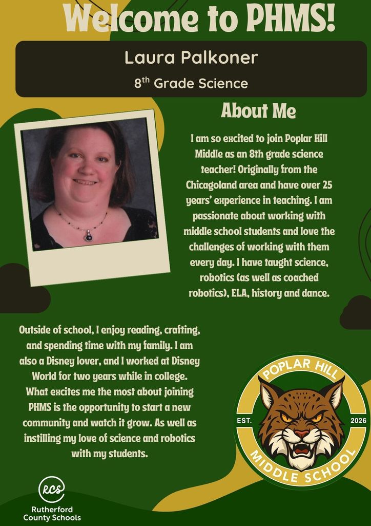 Laura Palkoner, 8th-grade science teacher, poses with a photo of herself. The poster highlights her background in science teaching and interest in robotics.