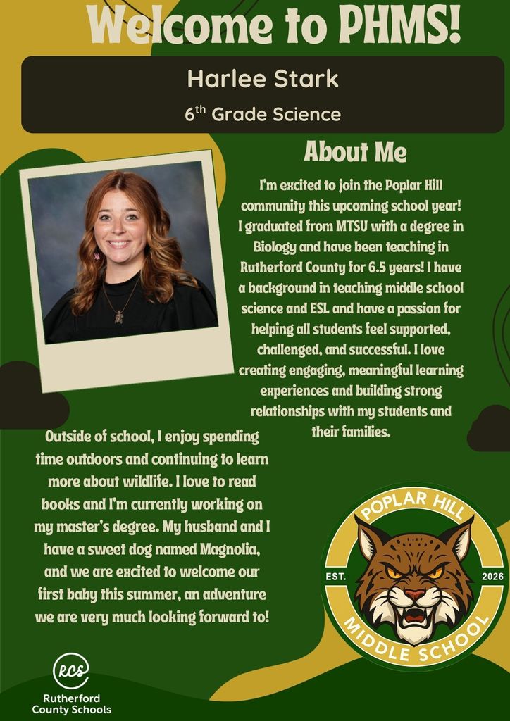 A poster shows Harlee Stark, a sixth-grade science teacher. She is smiling, wearing a necklace. Text highlights her background and passion for teaching.
