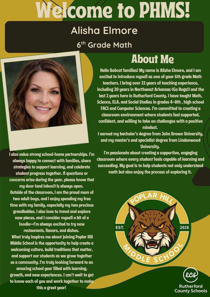 Green poster with Alisha Elmore, 6th-grade math teacher, smiling. A lion logo is below the text "Popular Hill Middle School" and "Est. 2018".