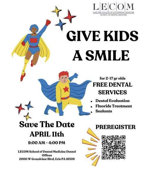For kids 2-17 years old there is free dental services on April 11th from 9AM to 4PM at 2000 West Grandview Blvd, Erie PA 16509. 