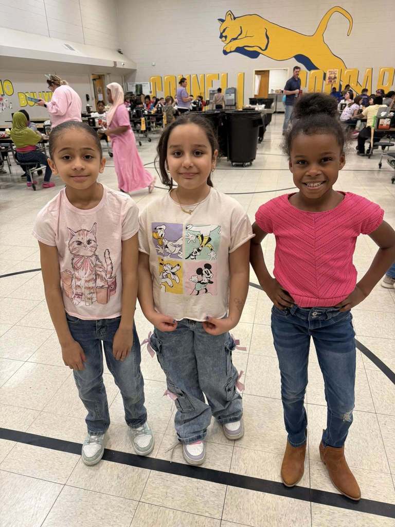 Three young girls wearing jeans and two of them have graphic light pink shirts on while one has on a bright pink shirt. 