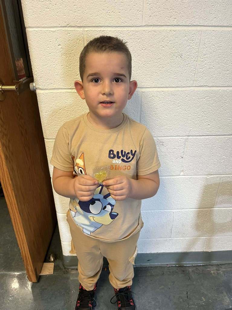 A young boy who is wearing tan bluey outfit  is holding his prize her won during bingo.