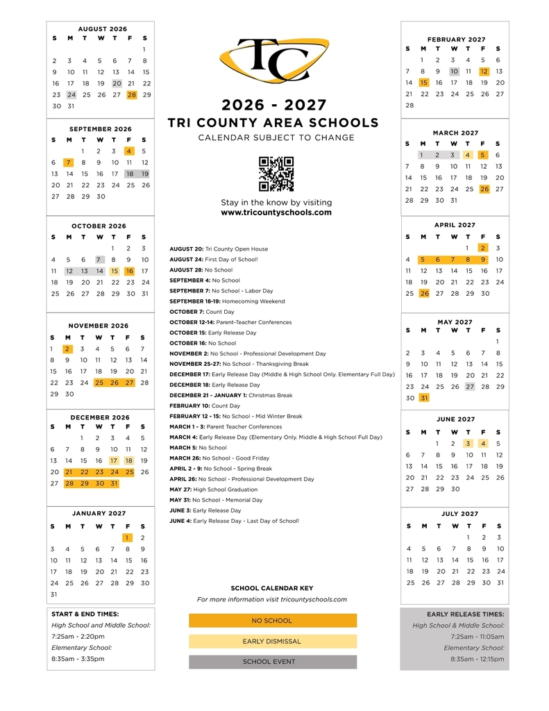 A photo of the Tri County Area Schools 2026-2027 school calendar.