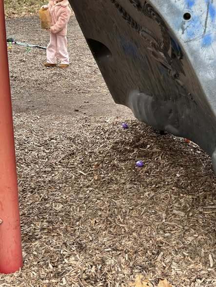 A purple easter egg under the rock climbing in the park. 