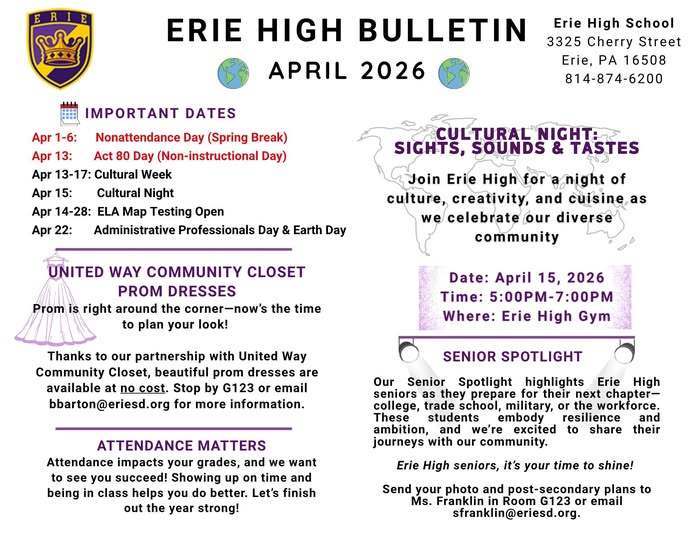 Erie High Bulleting for April 2026 and the important things happening. 